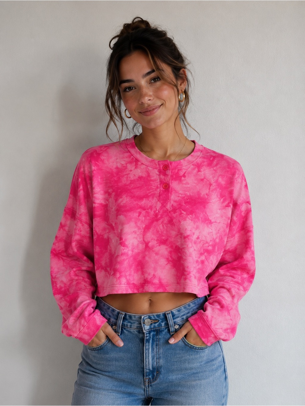 Cropped Pink Tie-Dye Henley Long-Sleeve Top